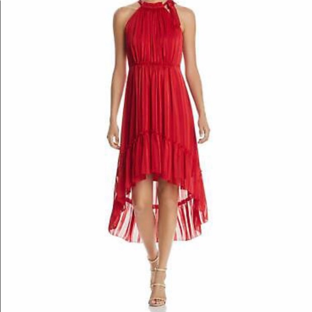 Tahari Red High Low Striped Midi Dress